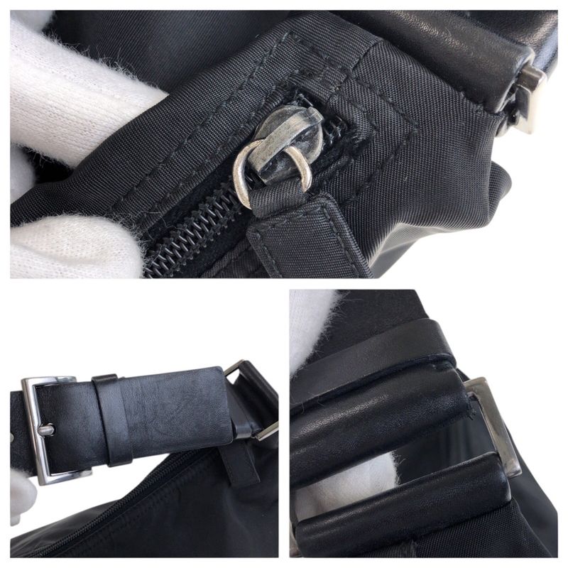 PRADA Tessuto Triangle Logo Plate Black Silver Hardware Nylon Leather Shoulder