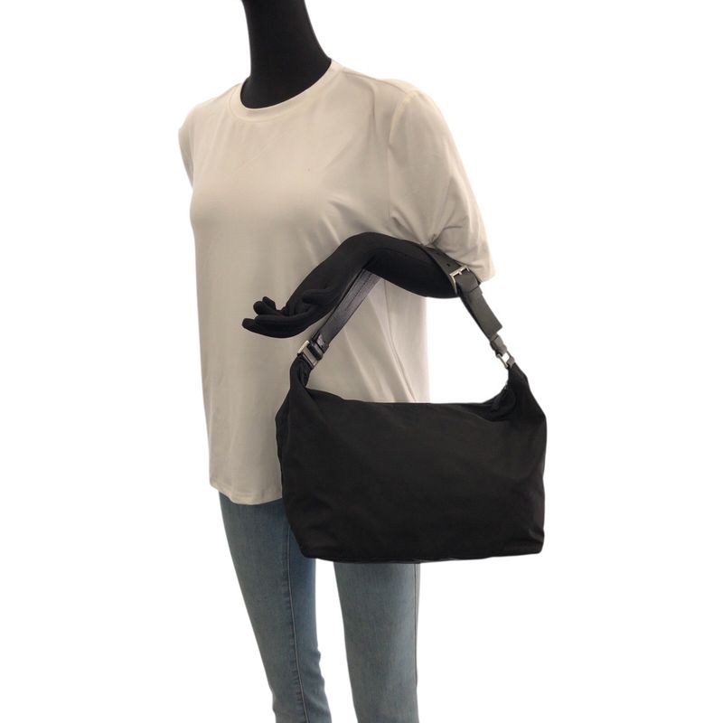 PRADA Tessuto Triangle Logo Plate Black Silver Hardware Nylon Leather Shoulder