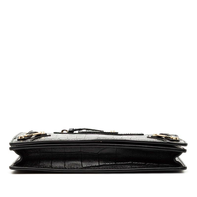 BALENCIAGA Shoulder Bag Chain Wallet 444168 Black Leather Croco Shape Press