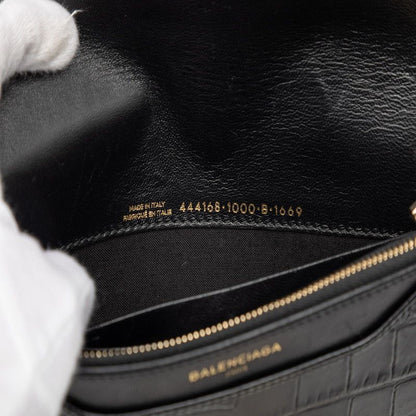 BALENCIAGA Shoulder Bag Chain Wallet 444168 Black Leather Croco Shape Press
