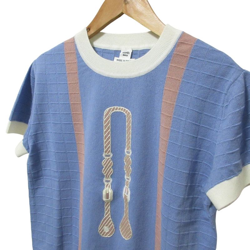 25SS HERMES Short Sleeve Knit Sweater 5e2653de Size38 Blue Ladies