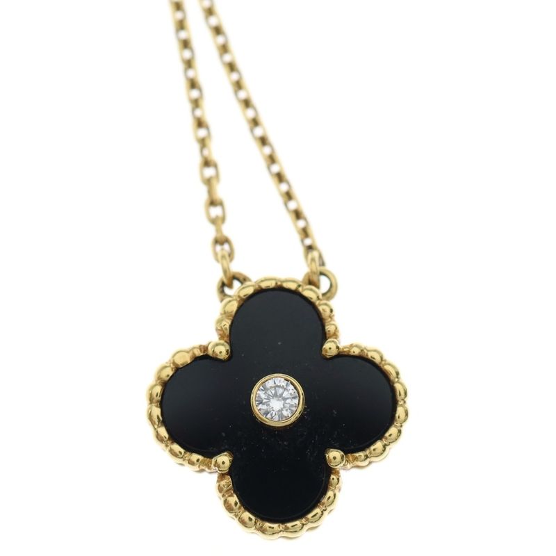 Van Cleef & Arpels Vintage Alhambra Holiday Onyx 1PD Diamond Necklace Au750 18K