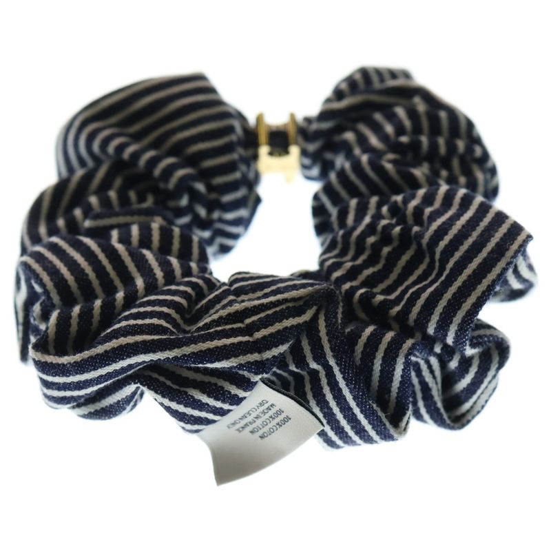 CELINE Striped Hair Tie Scrunchie Triomphe Navy X White Gold Hardware