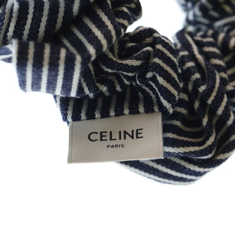 CELINE Striped Hair Tie Scrunchie Triomphe Navy X White Gold Hardware