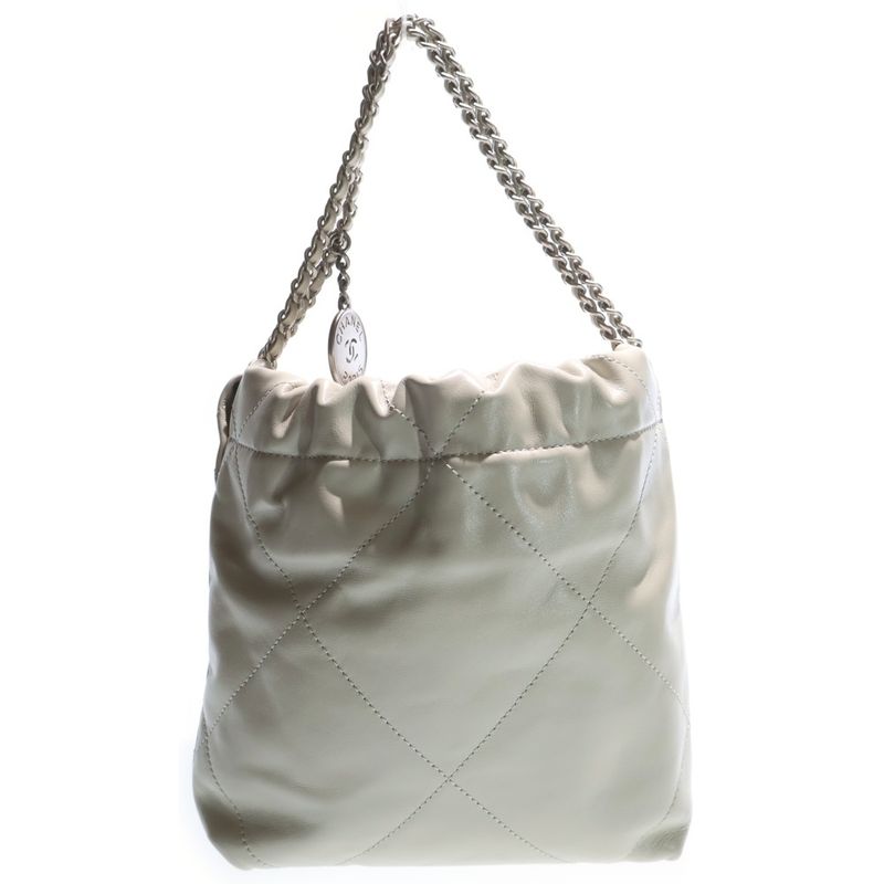 CHANEL 22 Mini Logo Plate Calfskin Leather Shoulder Bag Gold Hardware Ivory