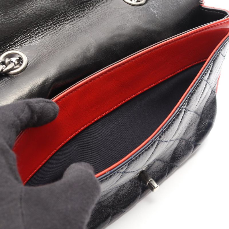 CHANEL Shoulder Bag Matelasse Tricolor Black Navy Red Leather Matelasse
