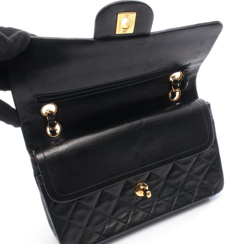CHANEL Shoulder Bag Matelasse W Flap Black Lambskin Matelasse Double Flap Chain