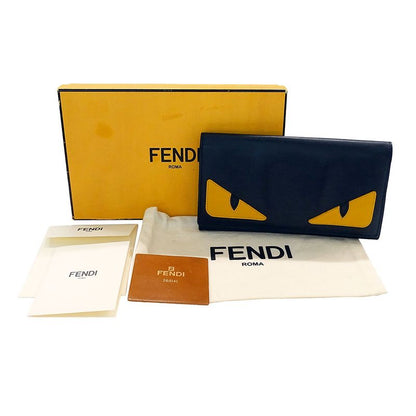 FENDI Wallet Women's Men's Brand Long Wallet Leather Bug's Eye Black Flap Style