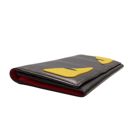 FENDI Wallet Women's Men's Brand Long Wallet Leather Bug's Eye Black Flap Style