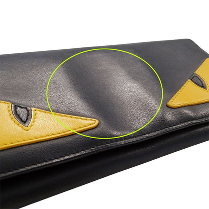 FENDI Wallet Women's Men's Brand Long Wallet Leather Bug's Eye Black Flap Style