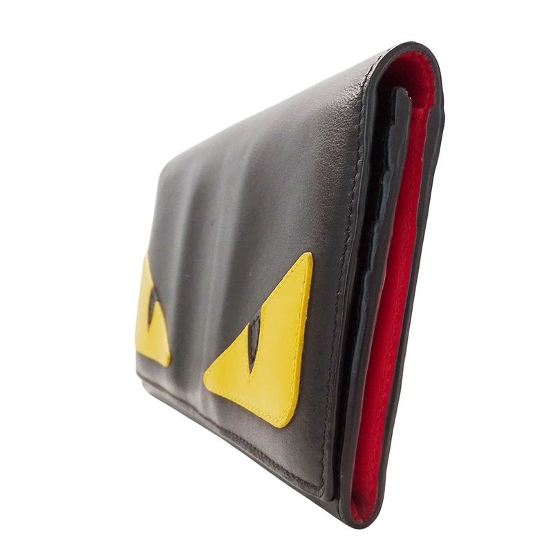 FENDI Wallet Women's Men's Brand Long Wallet Leather Bug's Eye Black Flap Style