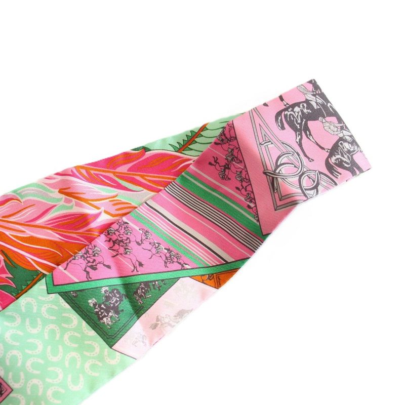 Hermes Twilly Horse and Phoenix Silk Pink Green Scarf