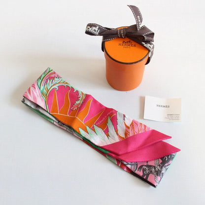 Hermes Twilly Horse and Phoenix Silk Pink Green Scarf