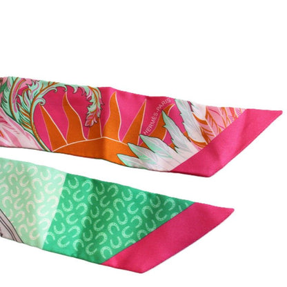 Hermes Twilly Horse and Phoenix Silk Pink Green Scarf