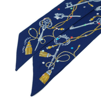 HERMES Twilly-les Cles A Pois Lecpois Scarf 100% Silk Navy- Multicolor