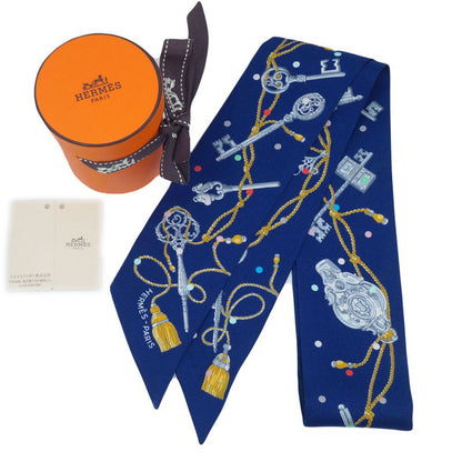 HERMES Twilly-les Cles A Pois Lecpois Scarf 100% Silk Navy- Multicolor
