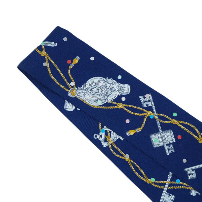 HERMES Twilly-les Cles A Pois Lecpois Scarf 100% Silk Navy- Multicolor