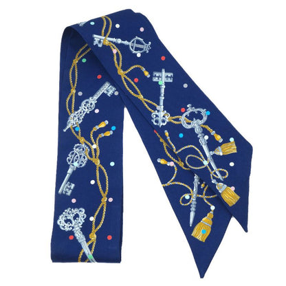 HERMES Twilly-les Cles A Pois Lecpois Scarf 100% Silk Navy- Multicolor