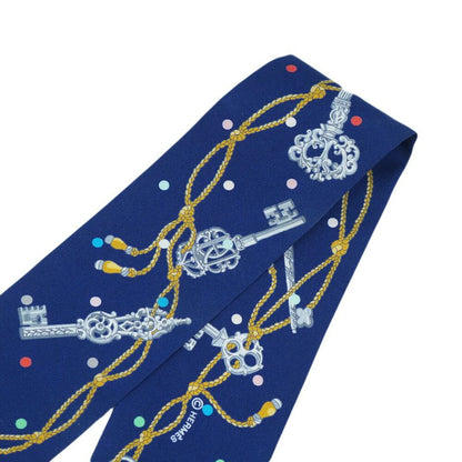HERMES Twilly-les Cles A Pois Lecpois Scarf 100% Silk Navy- Multicolor