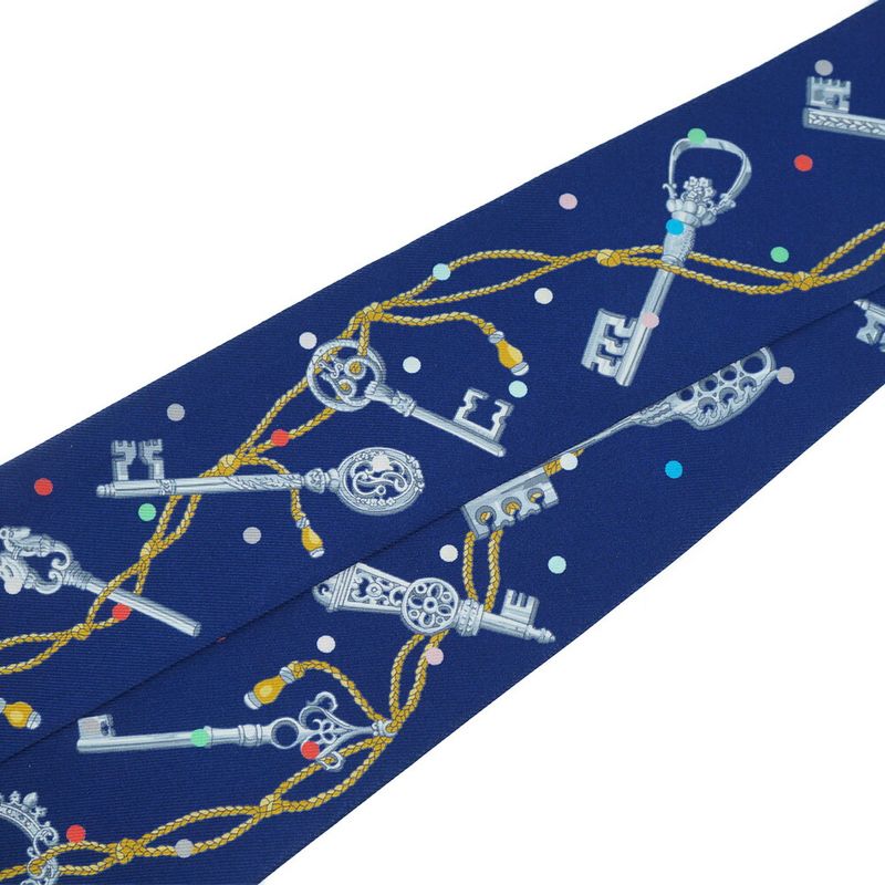 HERMES Twilly-les Cles A Pois Lecpois Scarf 100% Silk Navy- Multicolor