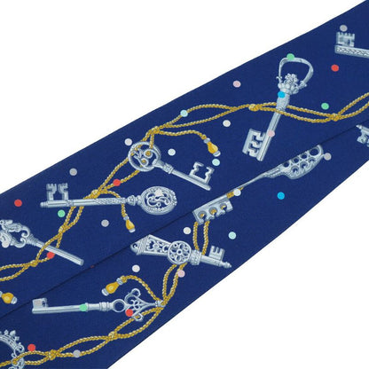 HERMES Twilly-les Cles A Pois Lecpois Scarf 100% Silk Navy- Multicolor