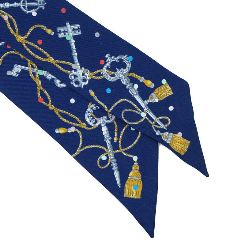 HERMES Twilly-les Cles A Pois Lecpois Scarf 100% Silk Navy- Multicolor