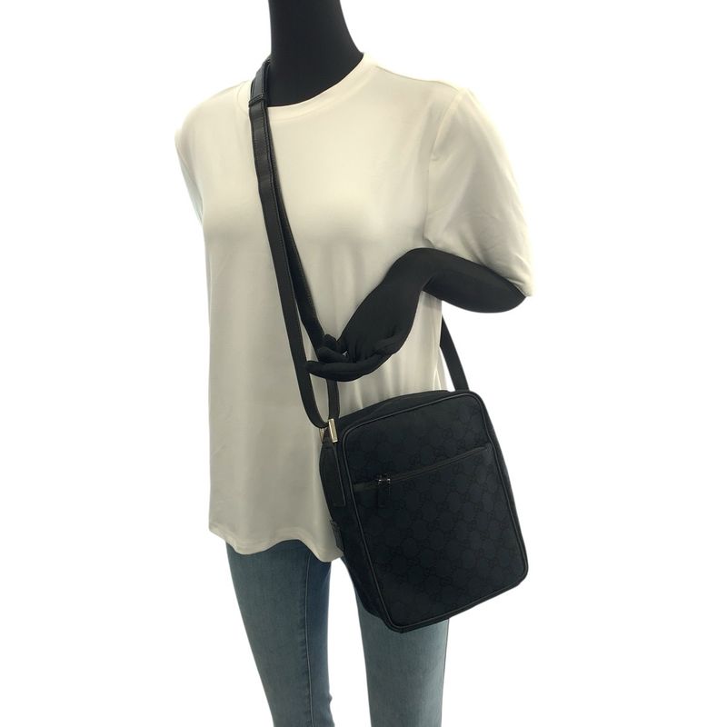 GUCCI Black Silver Hardware GG Canvas Leather 018.1612 Shoulder Bag Messenger