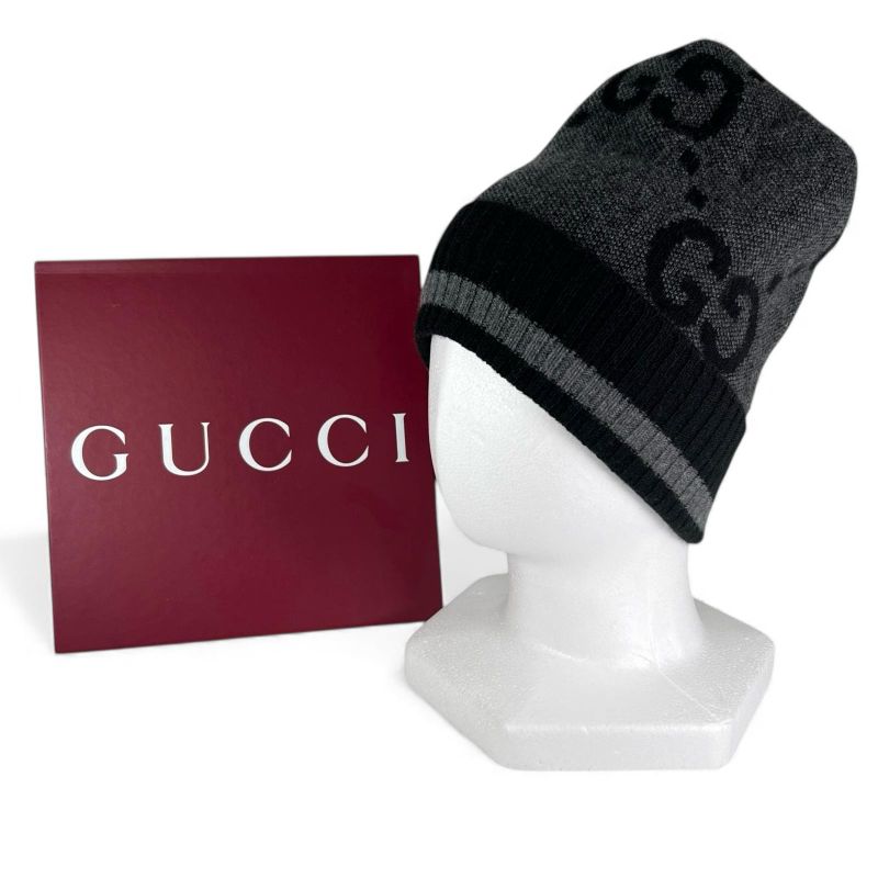 GUCCI 676827 100% Cashmere GG Knit Cap Hat Dark Gray M )