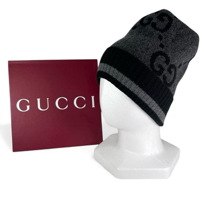 GUCCI 676827 100% Cashmere GG Knit Cap Hat Dark Gray M )