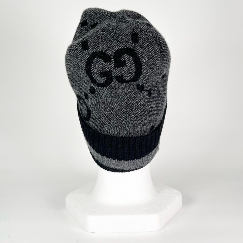 GUCCI 676827 100% Cashmere GG Knit Cap Hat Dark Gray M )