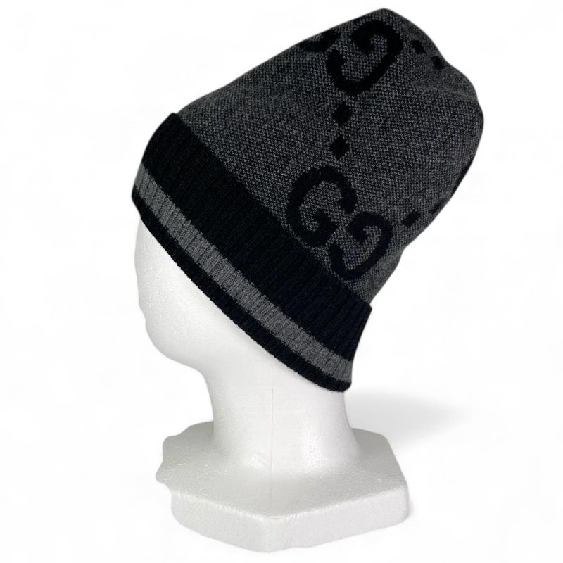 GUCCI 676827 100% Cashmere GG Knit Cap Hat Dark Gray M )