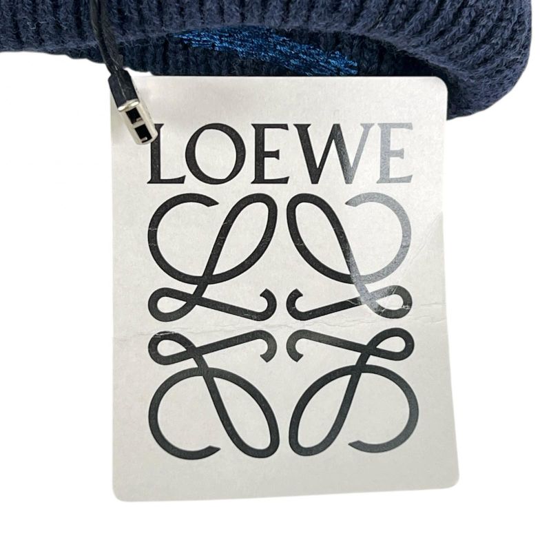 LOEWE F540257x23 100% Wool Logo Design Beanie Knit Cap Navy Blue Made