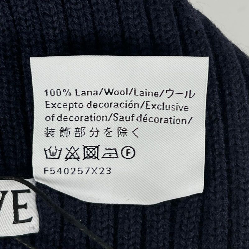 LOEWE F540257x23 100% Wool Logo Design Beanie Knit Cap Navy Blue Made