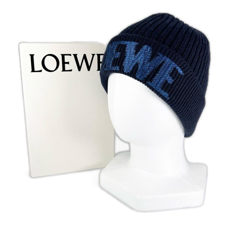 LOEWE F540257x23 100% Wool Logo Design Beanie Knit Cap Navy Blue Made