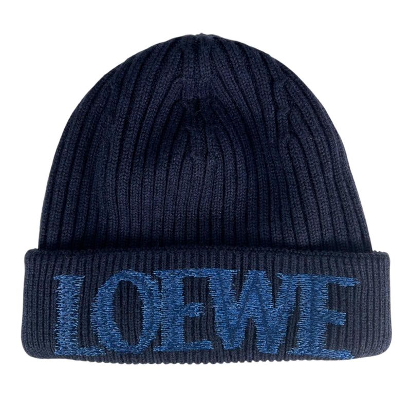 LOEWE F540257x23 100% Wool Logo Design Beanie Knit Cap Navy Blue Made