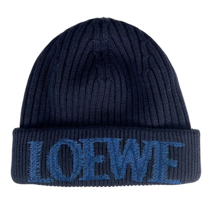 LOEWE F540257x23 100% Wool Logo Design Beanie Knit Cap Navy Blue Made