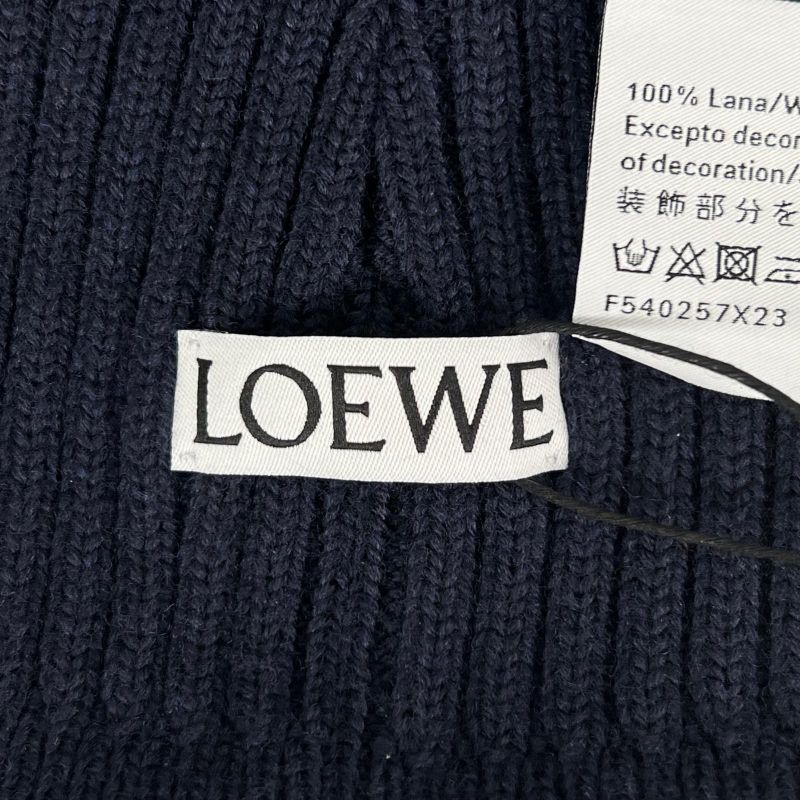 LOEWE F540257x23 100% Wool Logo Design Beanie Knit Cap Navy Blue Made