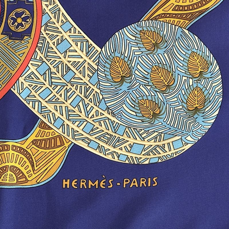 HERMES Scarf Carre 90 ART Des Steppes Step Art Ladies Brand Silk Navy Multicolor
