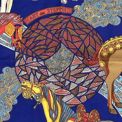 HERMES Scarf Carre 90 ART Des Steppes Step Art Ladies Brand Silk Navy Multicolor
