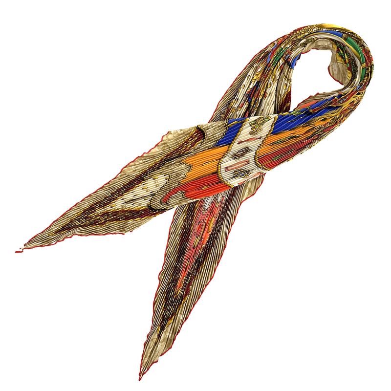 HERMES Scarf Pleated Carre Carpe DIEM Enjoy Your Day Women's Brand Silk Beige