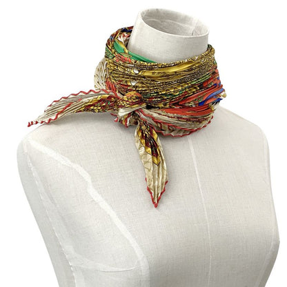 HERMES Scarf Pleated Carre Carpe DIEM Enjoy Your Day Women's Brand Silk Beige