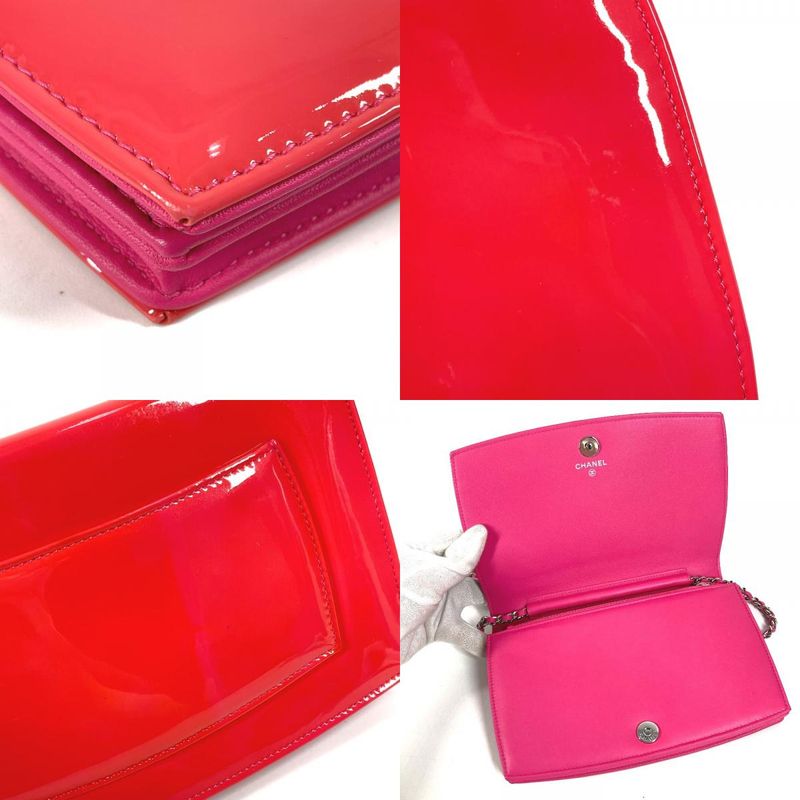 CHANEL Long Wallet Chain Wallet Patent Leather Pink