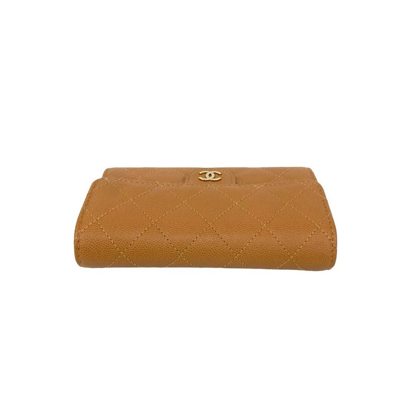 With Box And Sticker CHANEL Matelasse Coco Mark Caviar Skin Leather Trifold