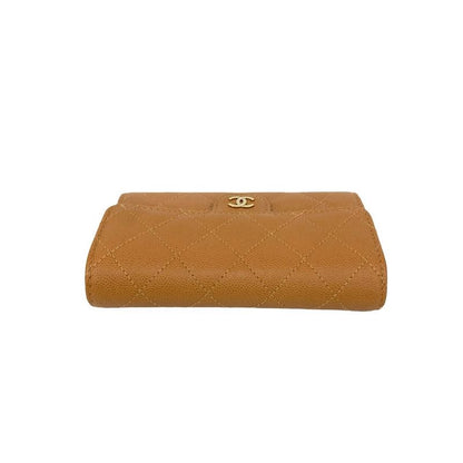 With Box And Sticker CHANEL Matelasse Coco Mark Caviar Skin Leather Trifold
