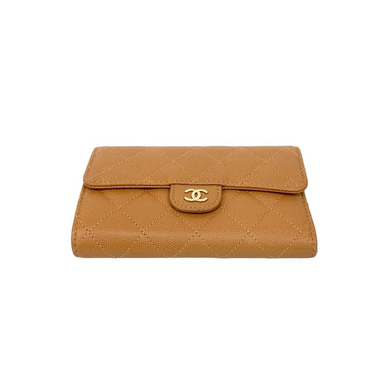 With Box And Sticker CHANEL Matelasse Coco Mark Caviar Skin Leather Trifold