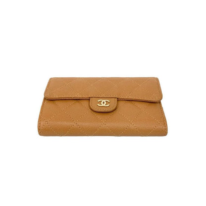 With Box And Sticker CHANEL Matelasse Coco Mark Caviar Skin Leather Trifold