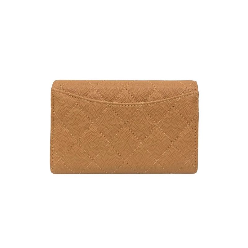 With Box And Sticker CHANEL Matelasse Coco Mark Caviar Skin Leather Trifold