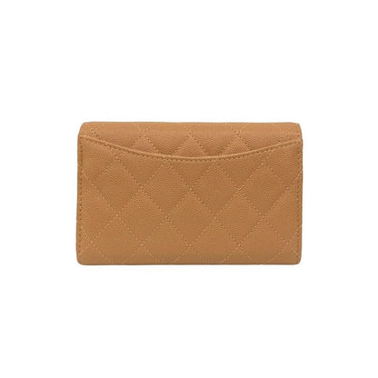With Box And Sticker CHANEL Matelasse Coco Mark Caviar Skin Leather Trifold