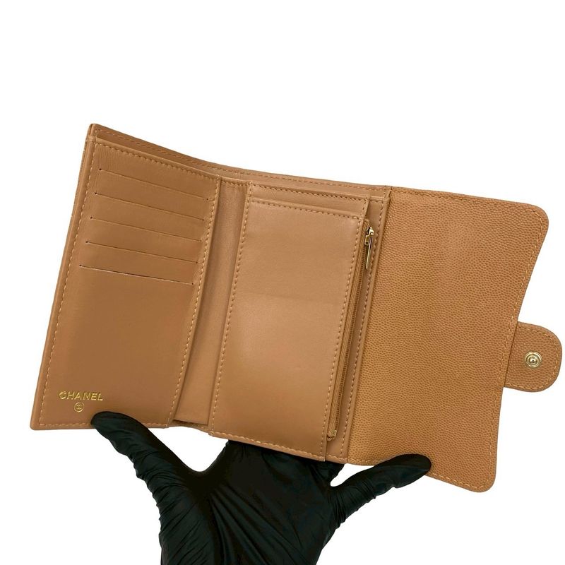 With Box And Sticker CHANEL Matelasse Coco Mark Caviar Skin Leather Trifold