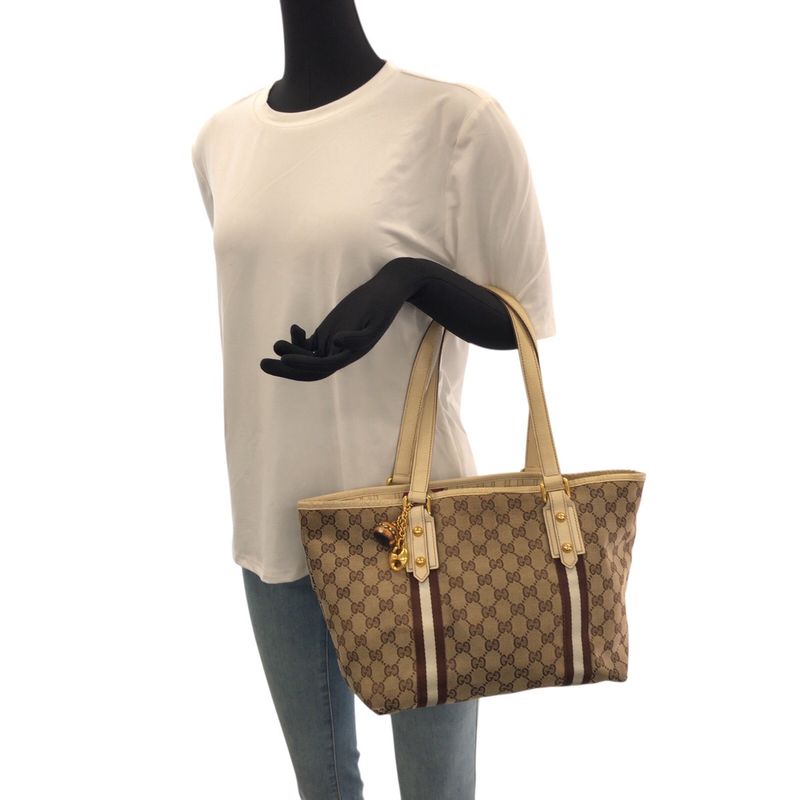 GUCCI Sherry Line Beige Brown Gold Hardware GG Canvas Leather 137396 Tote Bag